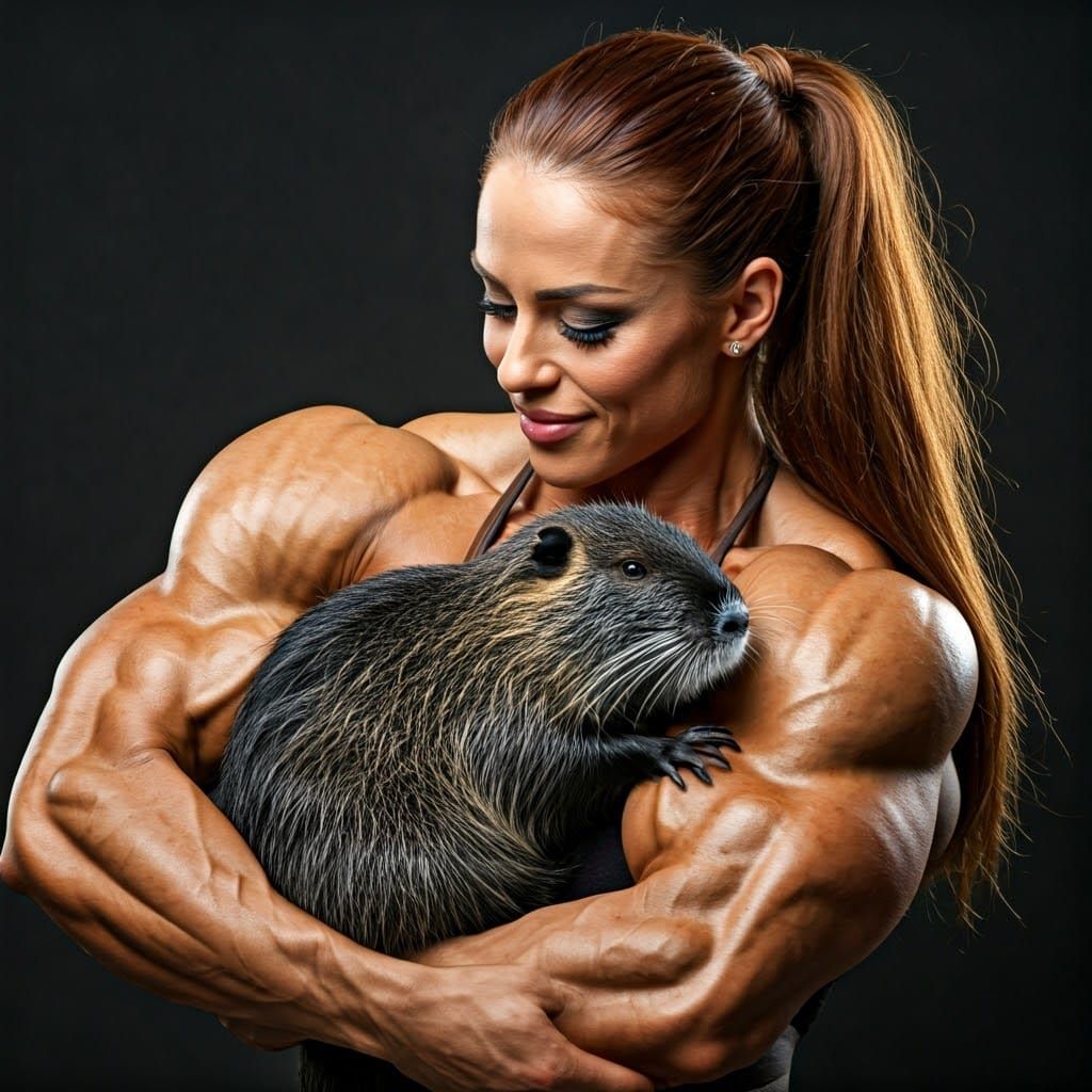 Bodybuilder Cradling Nutria in Muscular Arms