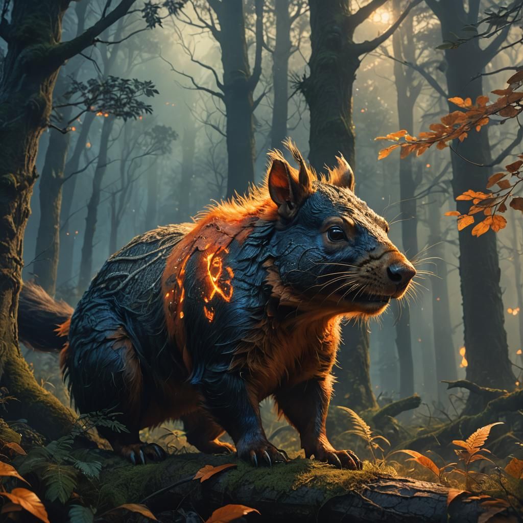 Boar-Squirrel Hybrid in Misty Forest Concept Art