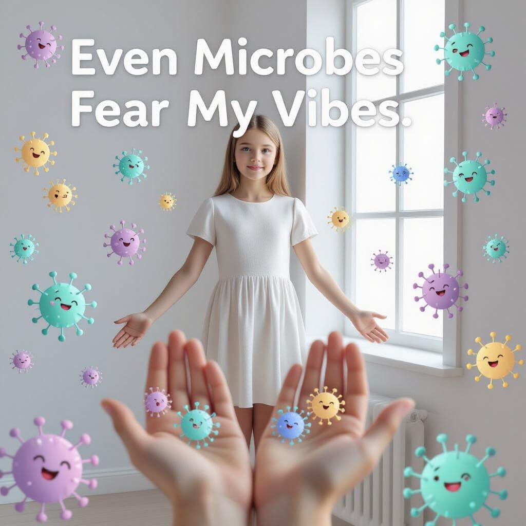 Girl with Microbes on Hands, Hyperrealistic Style