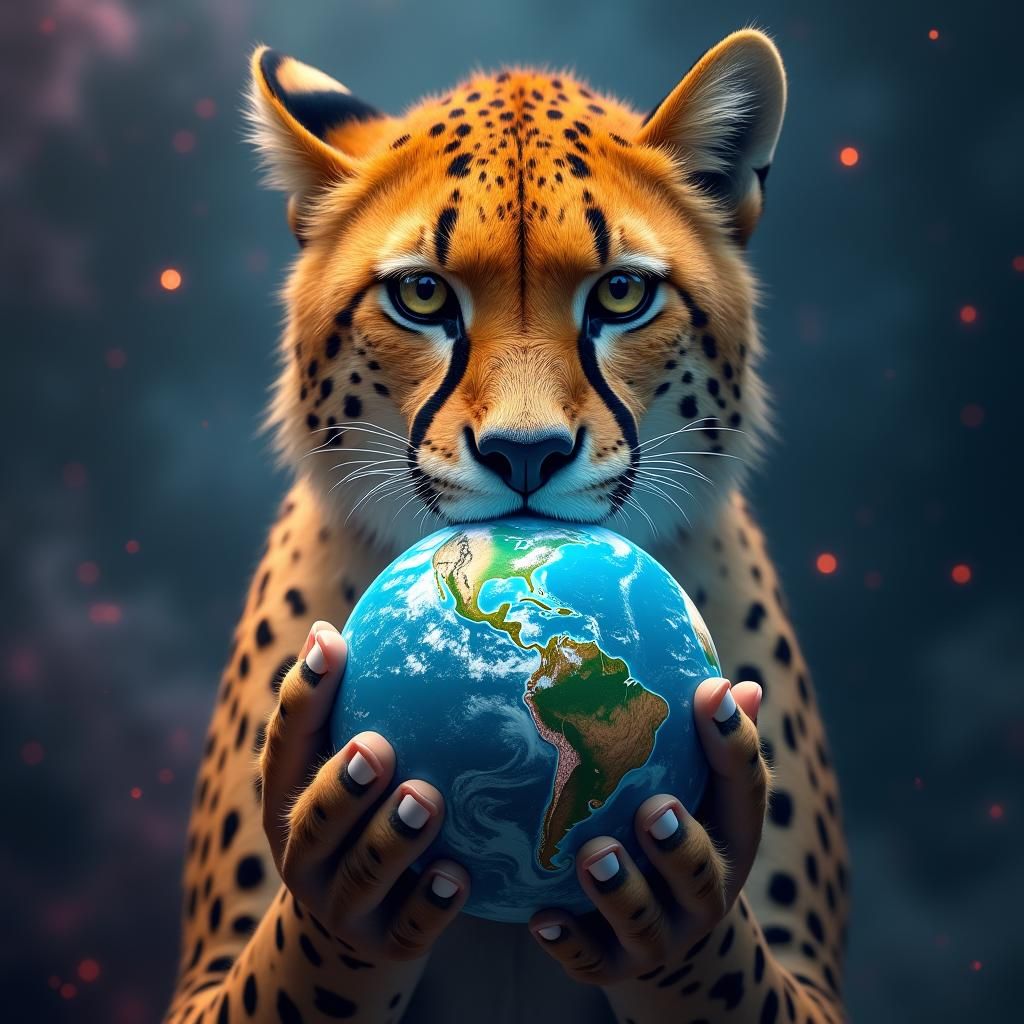 Cheetah Cradles Earth in Mouth, Nebula Background