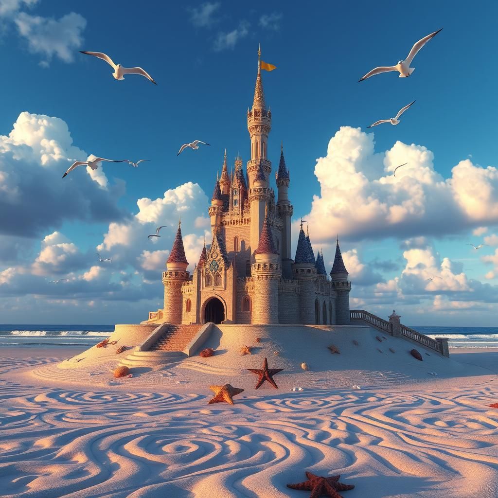 Disney-Inspired Sandcastle on a Serene Beach