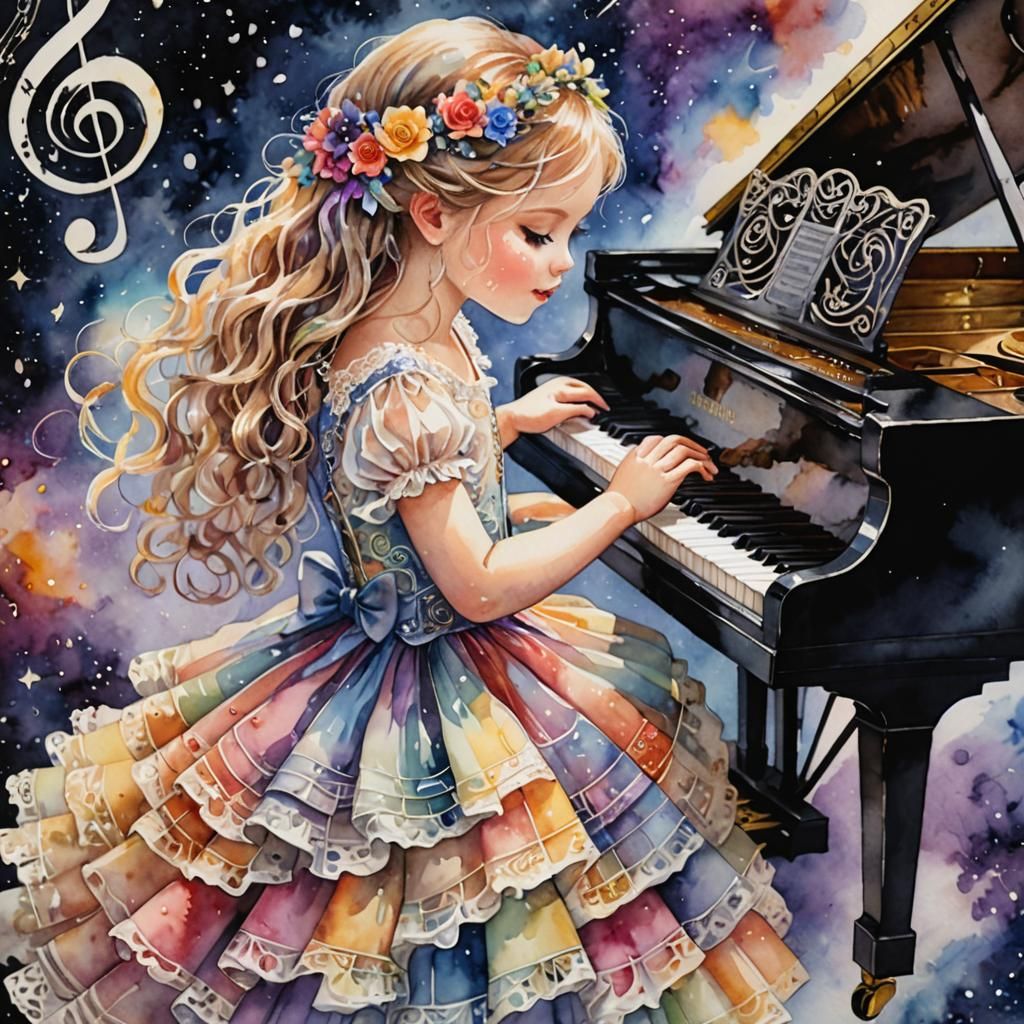 Baby Plays Piano in Space Nebula: Watercolour Art