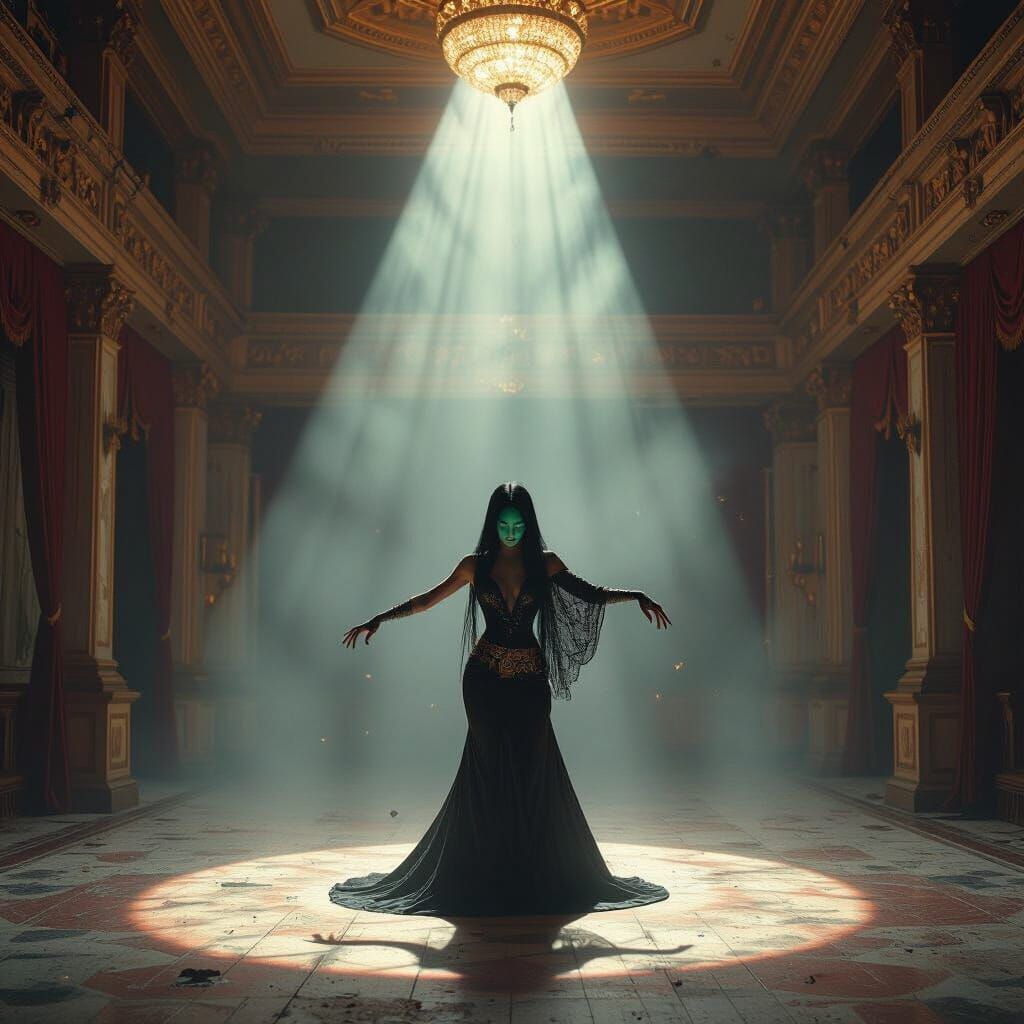 Alien Dancer in Decaying Ballroom, Cinematic Lighting