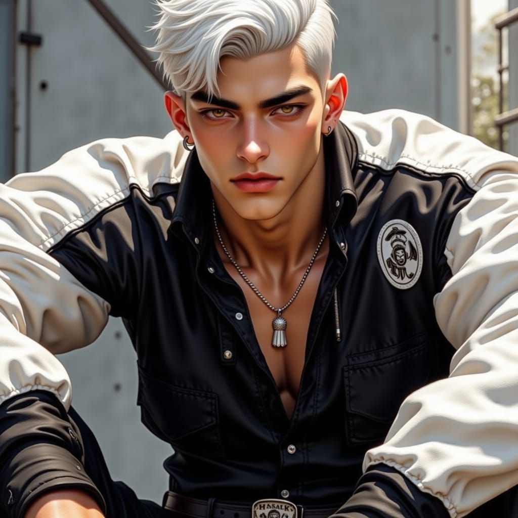 Boxer Physique Man with White Buzzcut and Bomber Jacket