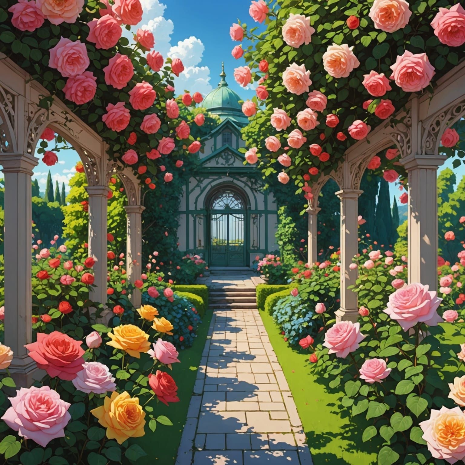 Anime Rose Garden with Colorful Details