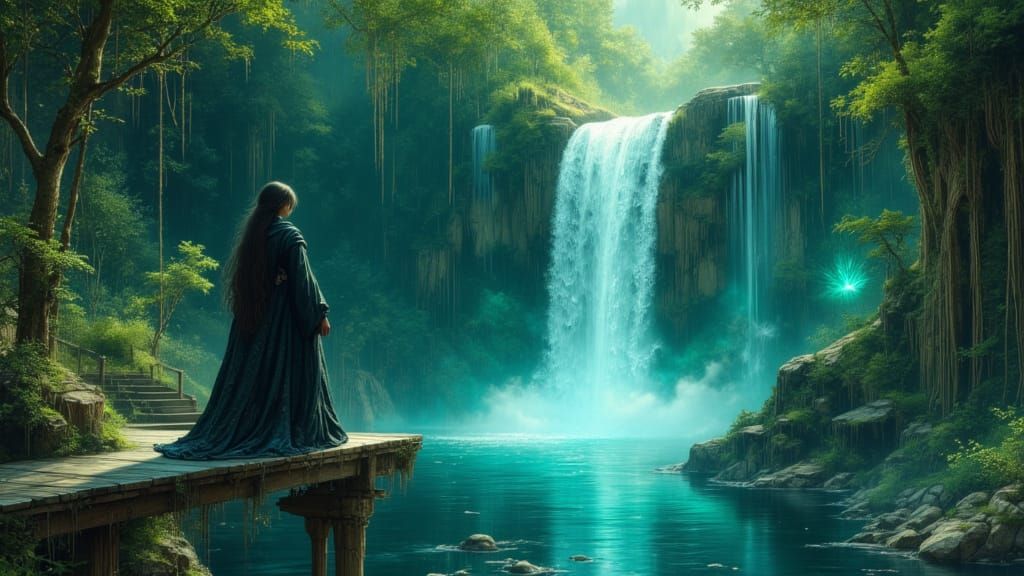 Sorceress Approaching Waterfall in Enchanted Forest