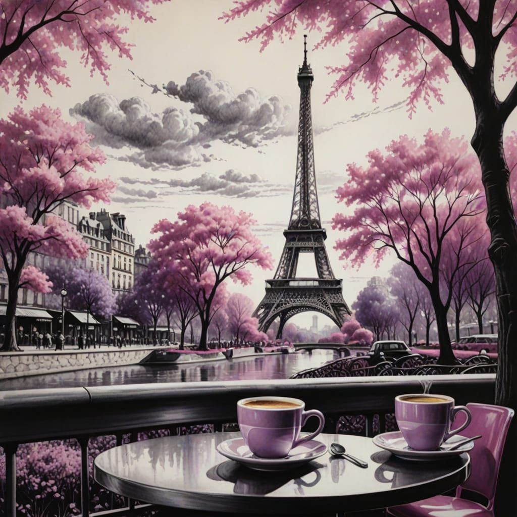 Pink and Purple Trees Beside Eiffel Tower in Charcoal