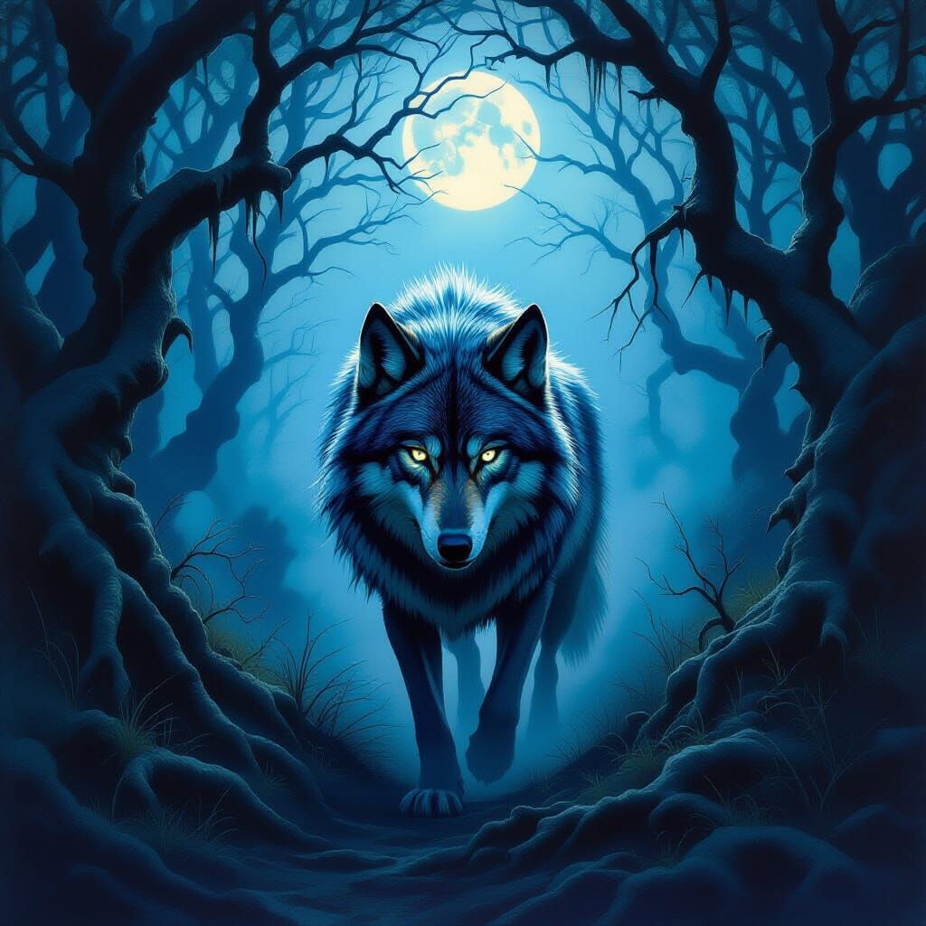 Spectral Wolf in Moonlit Forest Oil Painting