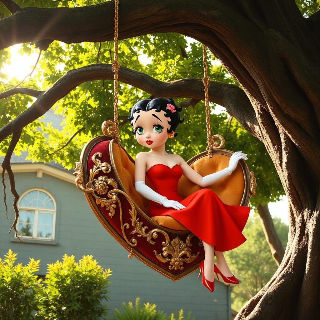 Vintage-Inspired Betty Boop Sits on Ornate Swing in Whimsica...