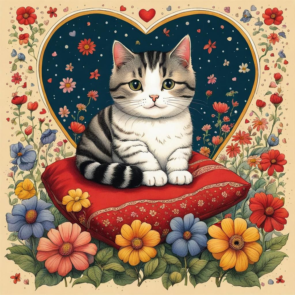 Cute Cat Surrounded by Flowers in Satirical Comic Art