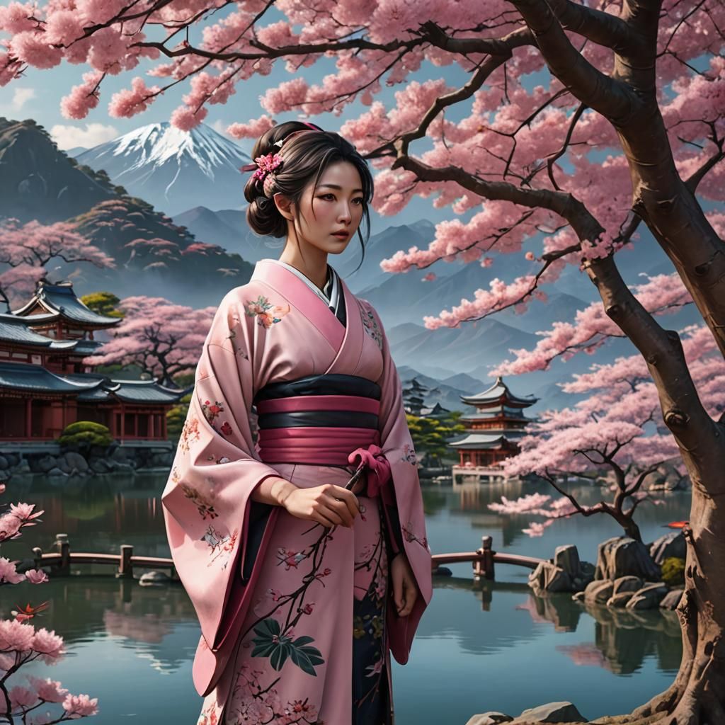 Ancient Sakura Tree with Japanese Temple, 8K Art