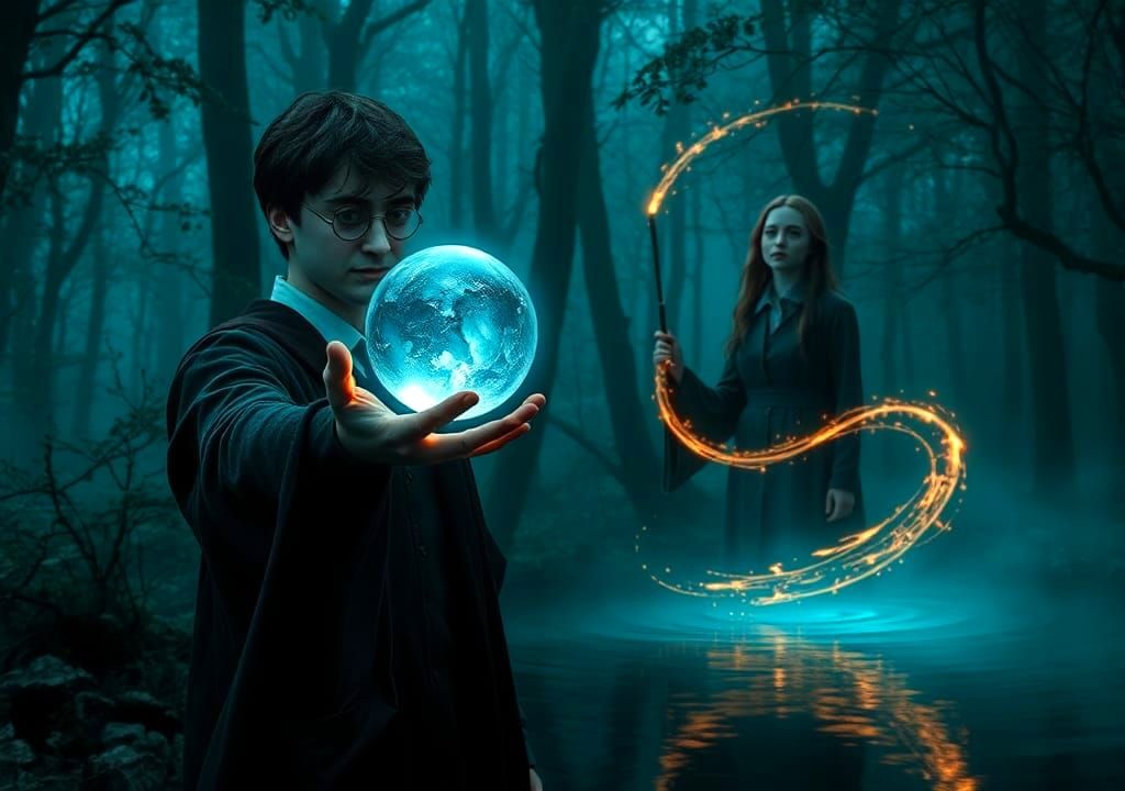 Magical Scene in an Enchanted Forest with Harry Potter and H...