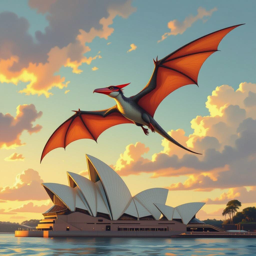 Pterodactyl Over Sydney Opera House in Gothic Style
