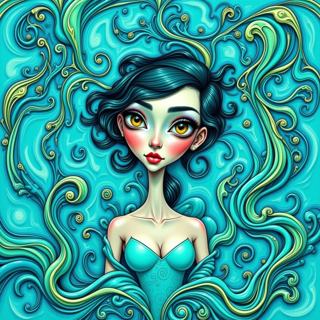 Turquoise Woman in Vibrant Caricature Art Style