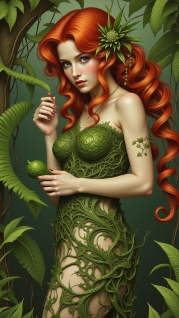 Red-Haired Goddess in Ivy Jungle, Art Deco Style