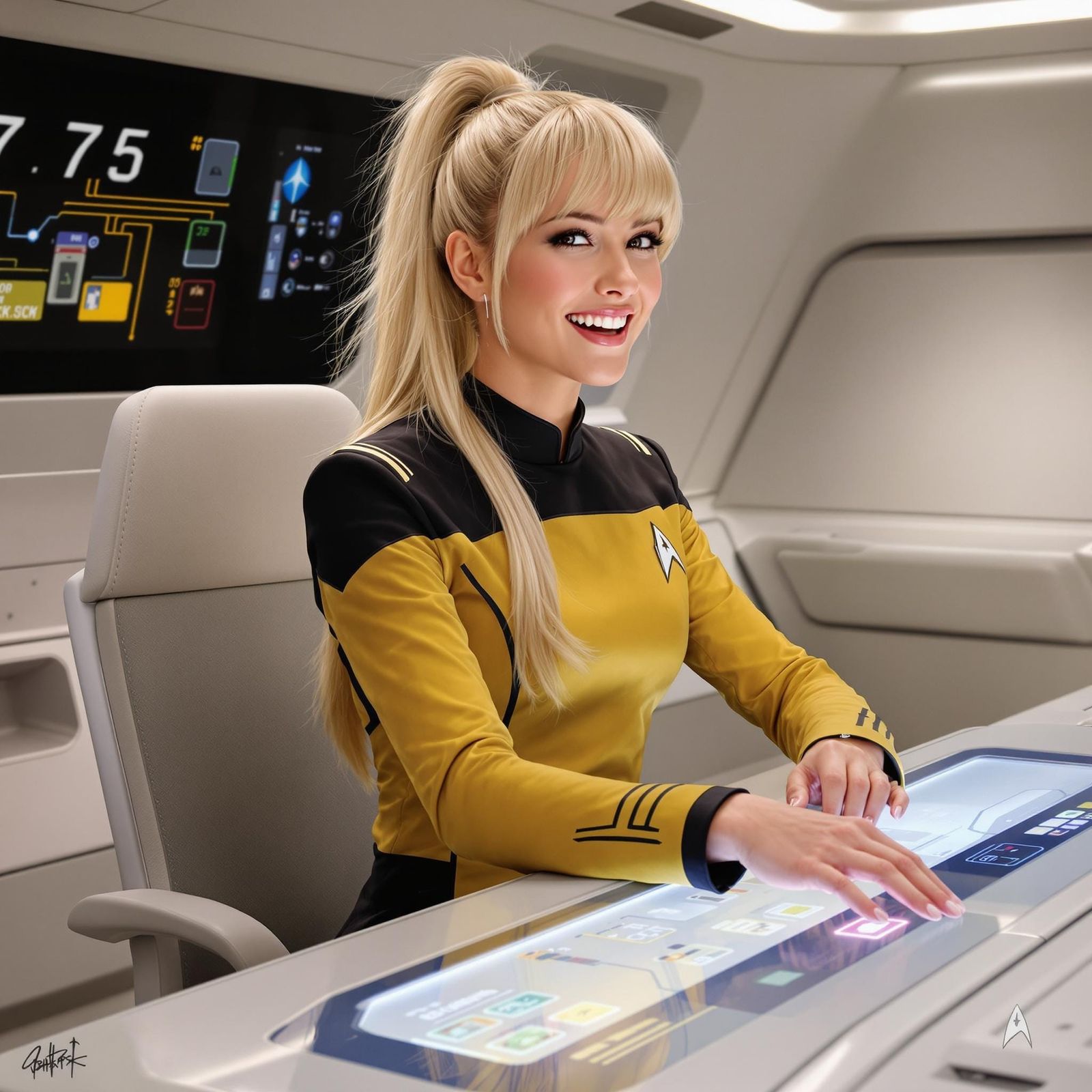 Starfleet Cadet Smiling at Advanced Control Panel