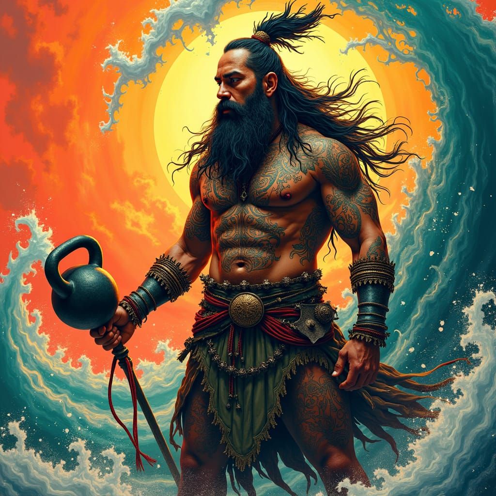 Filipino Warrior-Wizard with Kettlebell in Art Nouveau Style