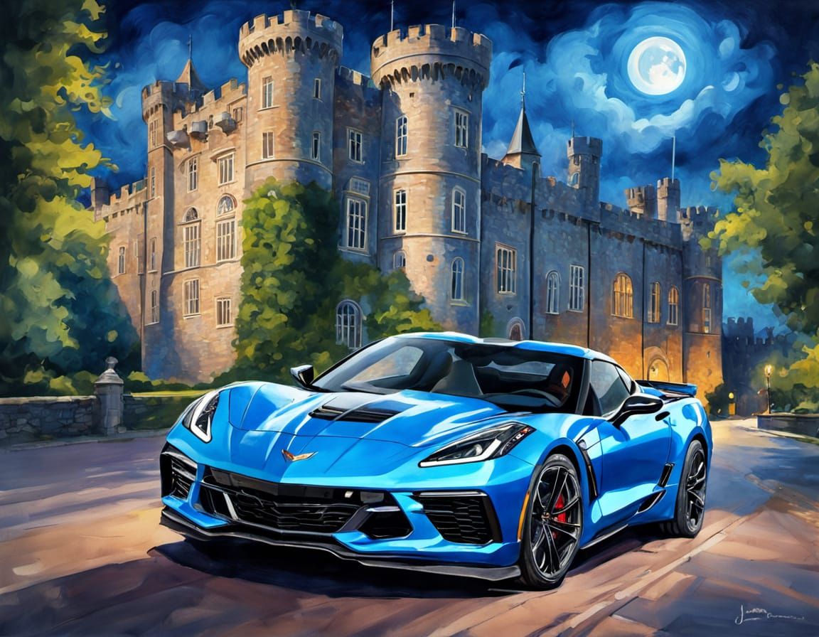 Blue Corvette C8 Drives Past Windsor Castle at Night