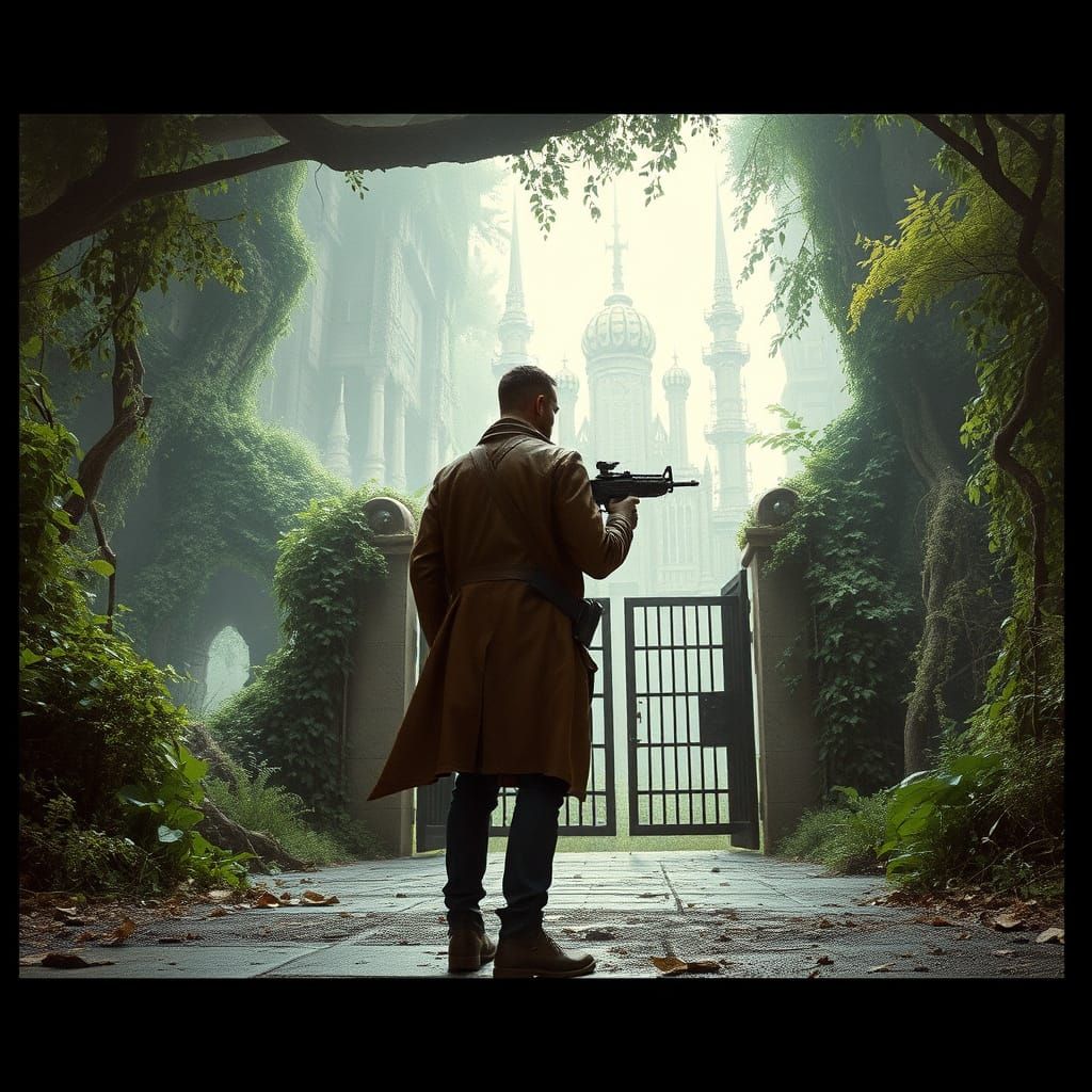 Cyberpunk Outcast Stands Before Futuristic City Gates