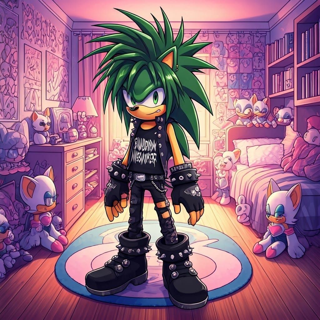 Edgy Hedgehog Rockstar in Emo Attire with Rogue Bat Fan Deco...