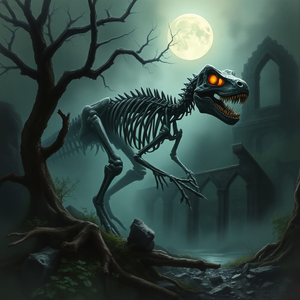 Skeletal Velociraptor in Eerie, Ruined Landscape