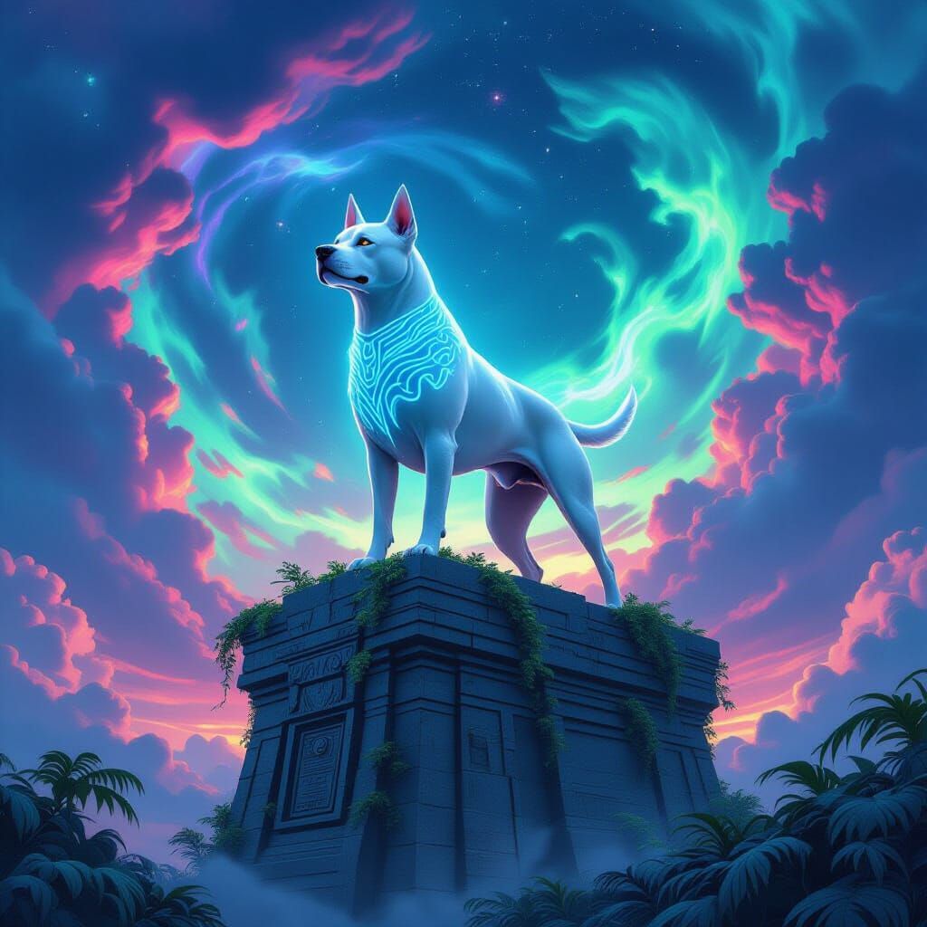 Bioluminescent Dogo Argentino Stands Guard on Ancient Ruins