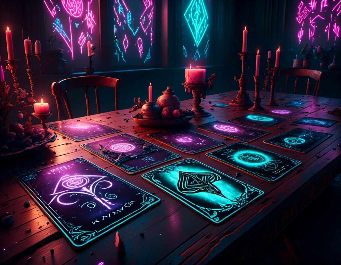 Cyberpunk themed Tarot cards on a table. 8K resolution Unreal Engine 5 <lora:Glowing Runes:1.0>