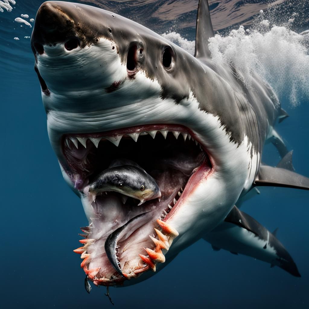 Great White Shark About to Swallow Fish