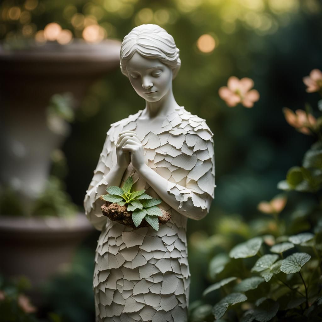 Cracked Porcelain Woman Statue in Garden