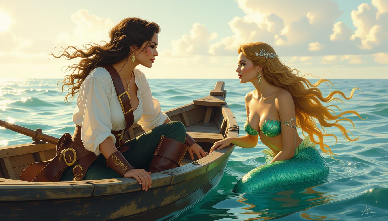 Pirate and Mermaid Chatting at Sea