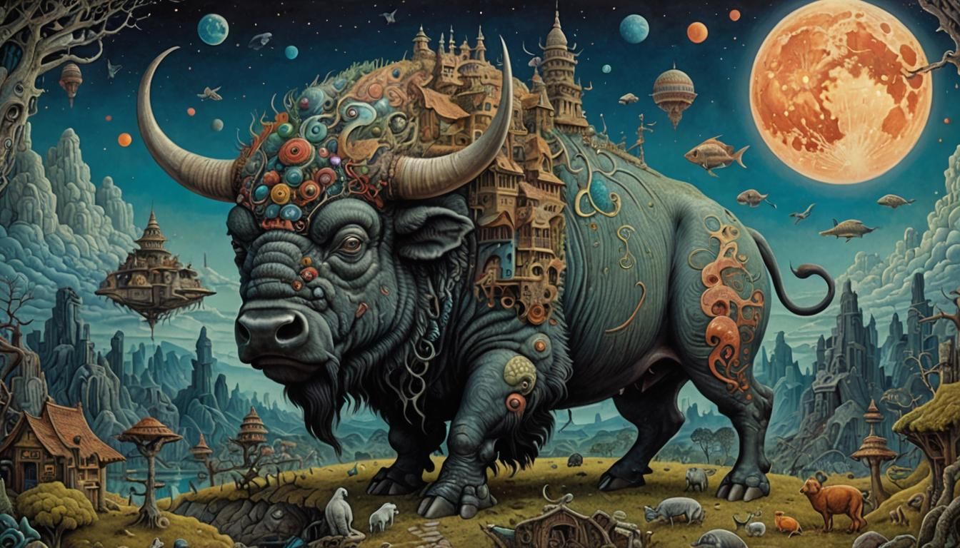 Psychedelic Buffalo in Surrealist Fantasy Style