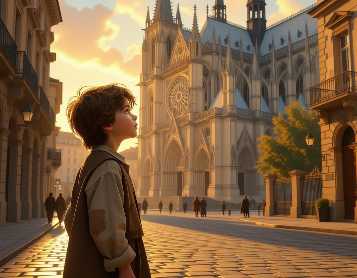 Boy Gazes at Gothic Cathedral in Golden Light