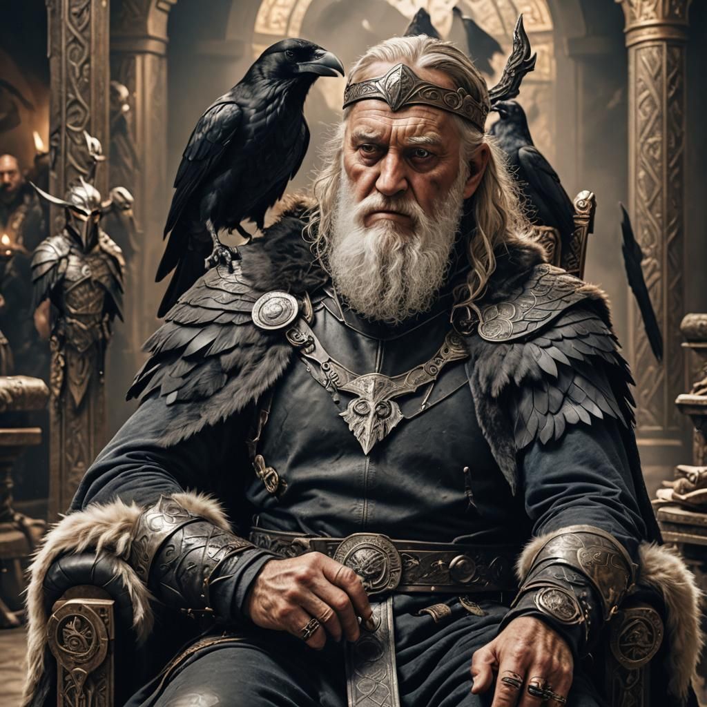 Odin Allfather in Valhalla with Ravens: Realistic Photo