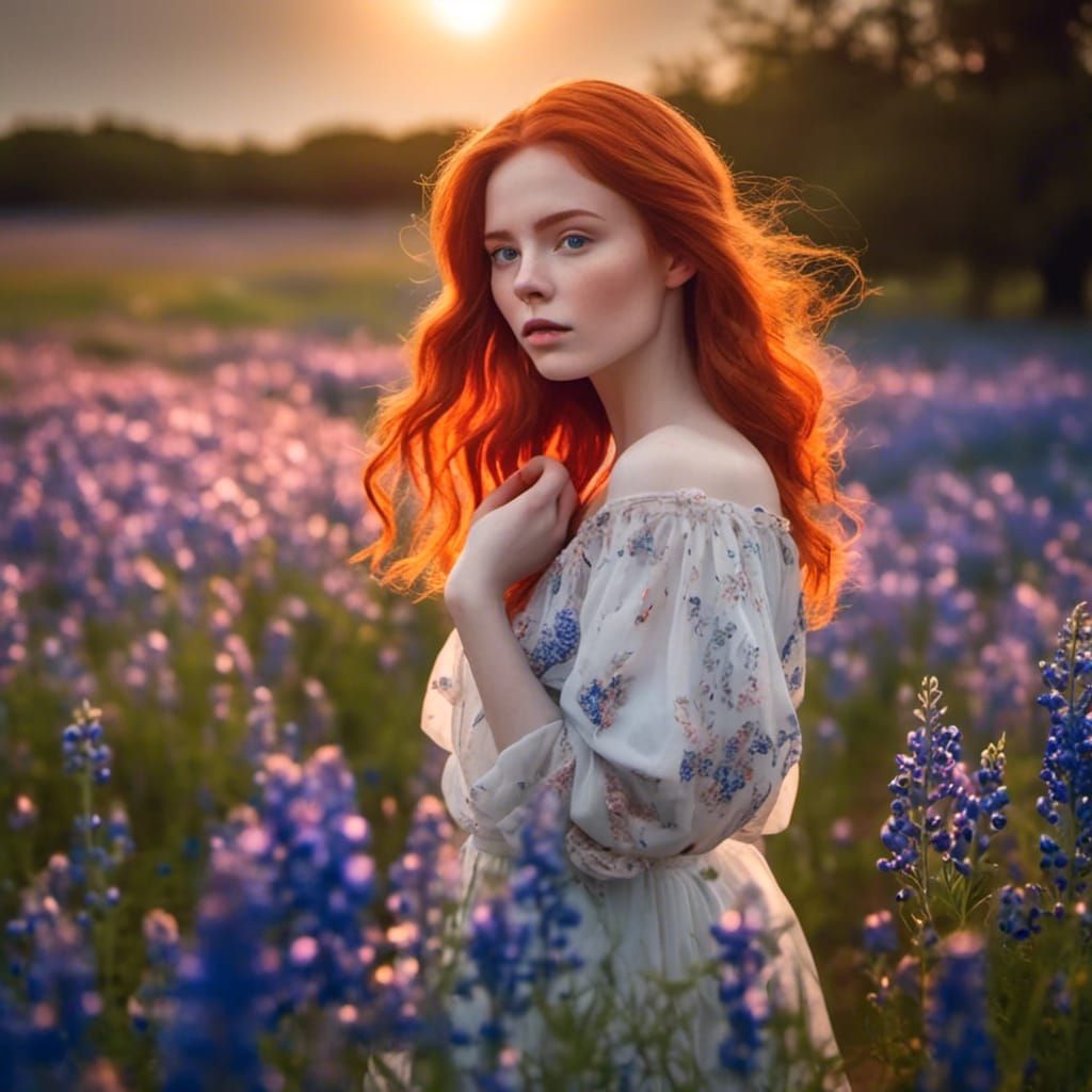 Red-Haired Woman in Bluebonnet Field at Sunset