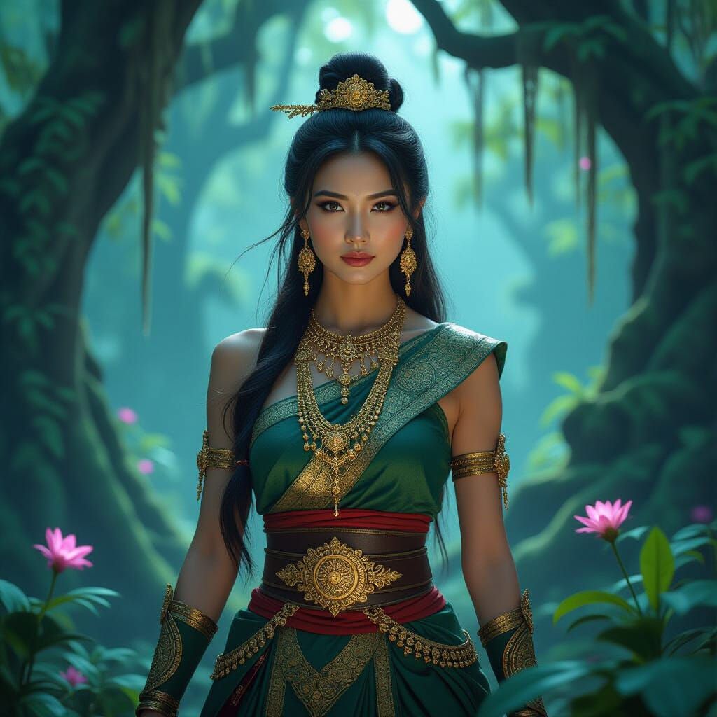 Southeast Asian Warrior in Bioluminescent Forest, Hyperreali...