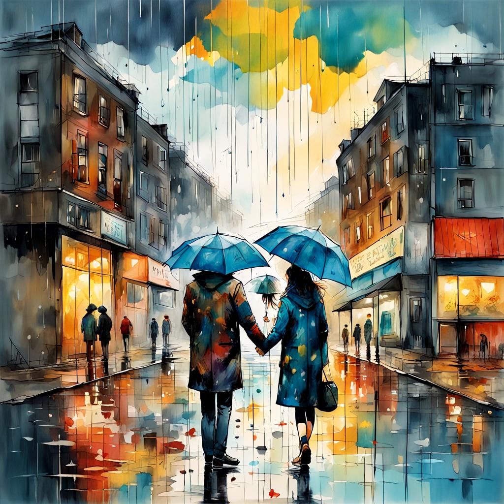 Romantic 70s Couple in Heart-Shaped Rain, Surreal Art