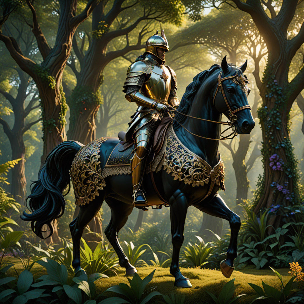Victorian-Era Mystical Knight Equestrian in a Vibrant Forest