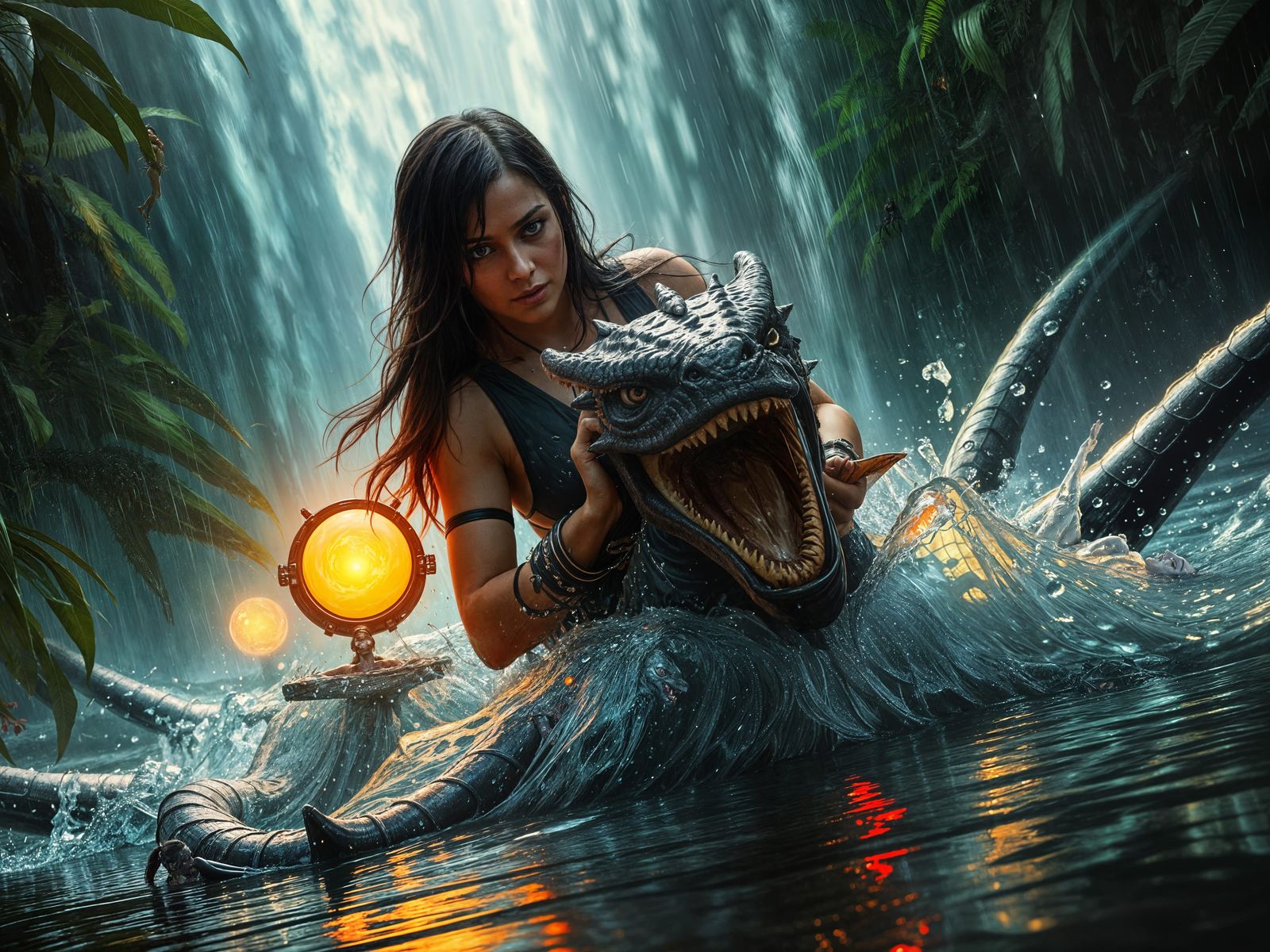 Gothic Pirate Woman with Dragon in Jungle, Splash Art