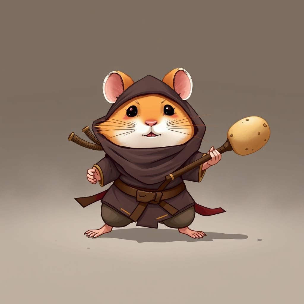 a hamster based on Hamtaro wearing a ninja outfit, sneaking ...