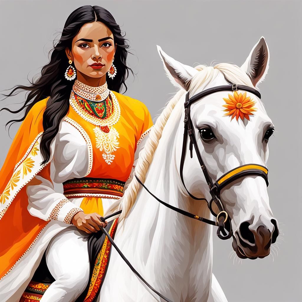 Mexican Woman on Horse in Folk Art Style
