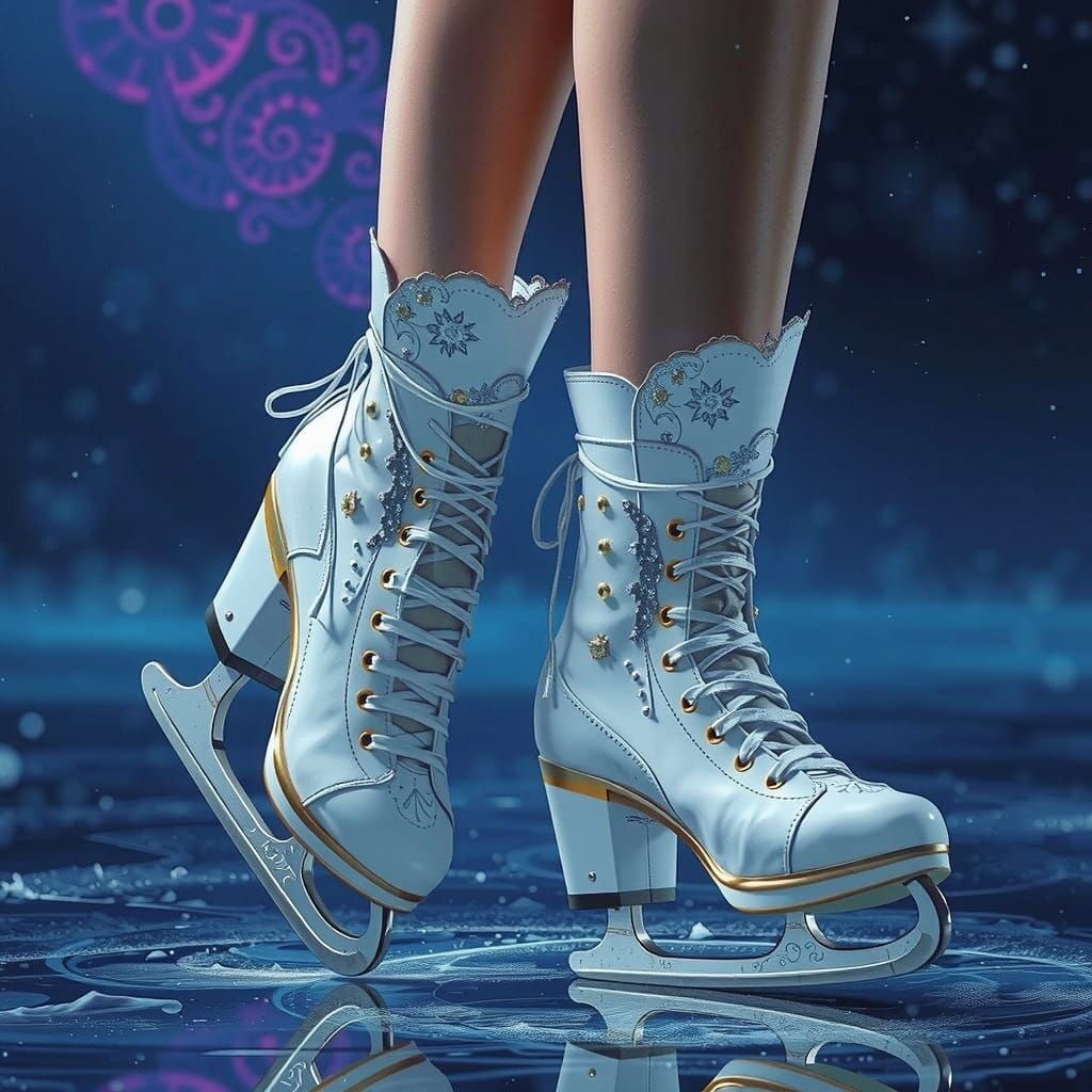 Woman's Feet in Luxurious Ice Skates, Glowing with Iridescen...