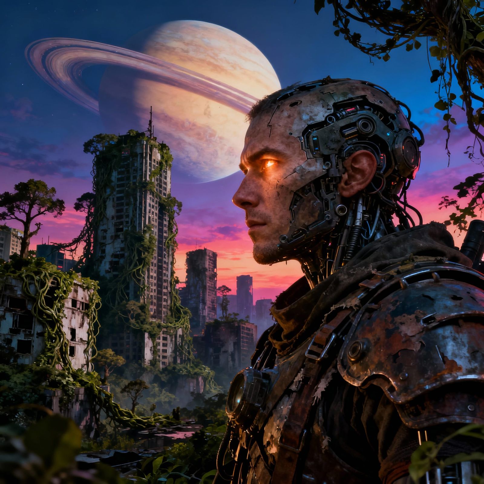 Cybernetic Warrior in Overgrown Ruined City with Gas Giant