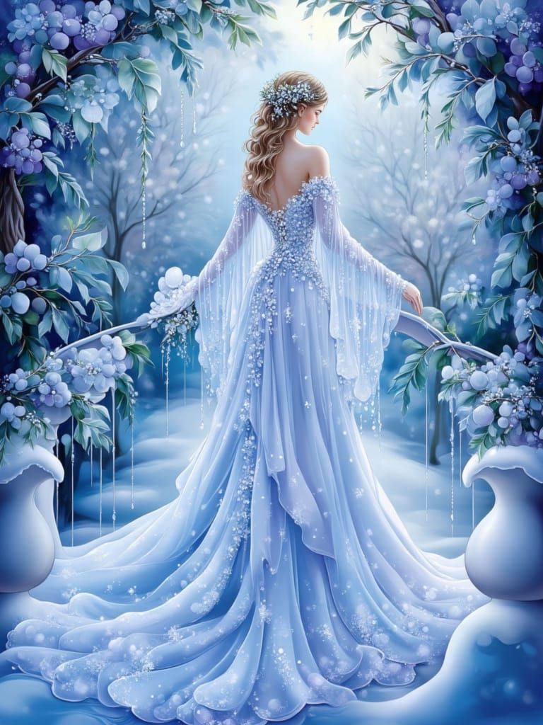 Tsarina in Ice Gown Overlooking Enchanted Forest