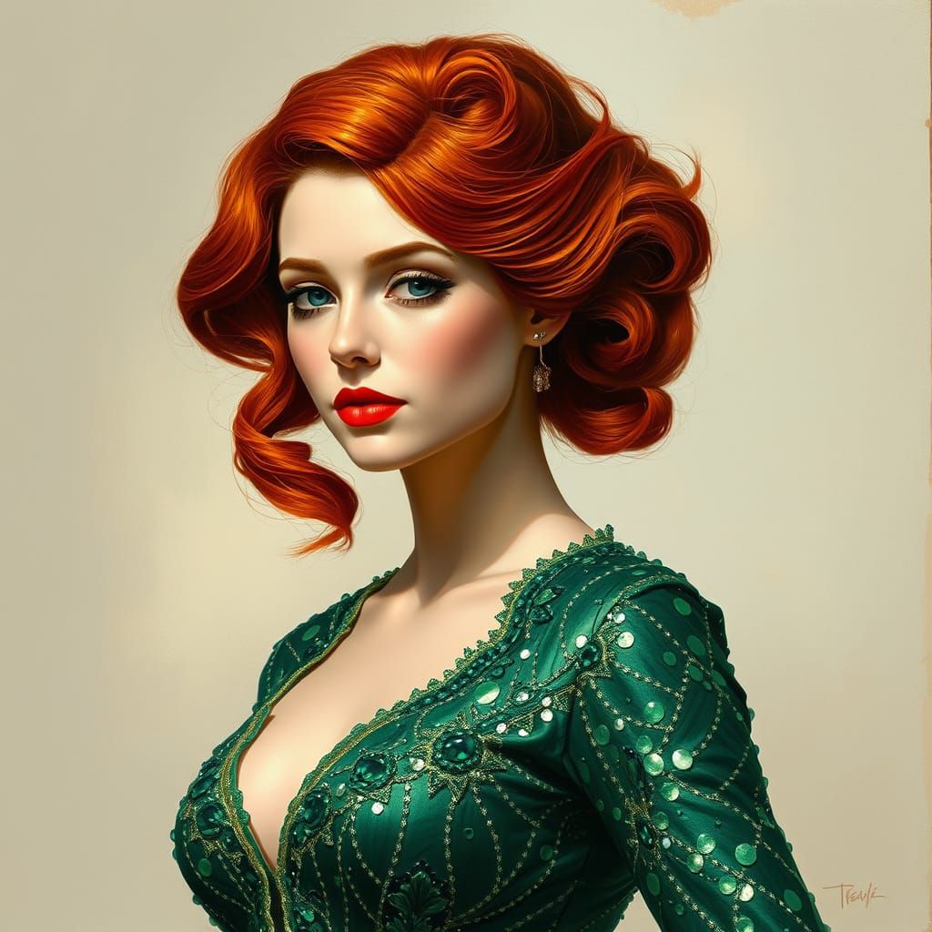 Elegant Lady in Red Hair and Green Sequin Dress, Oil Paintin...