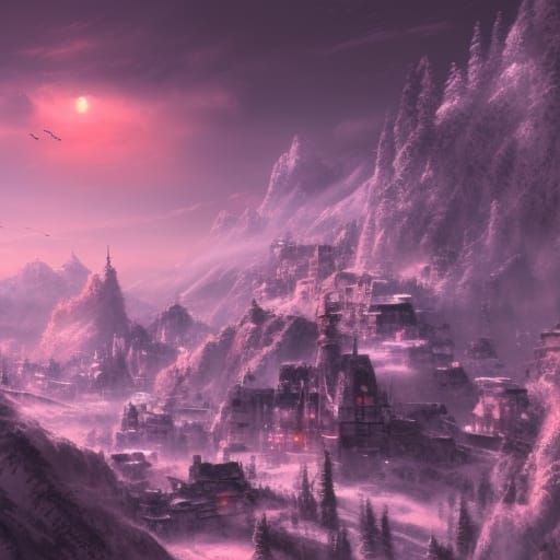 Snowy Mountain Village with Iridescent Light