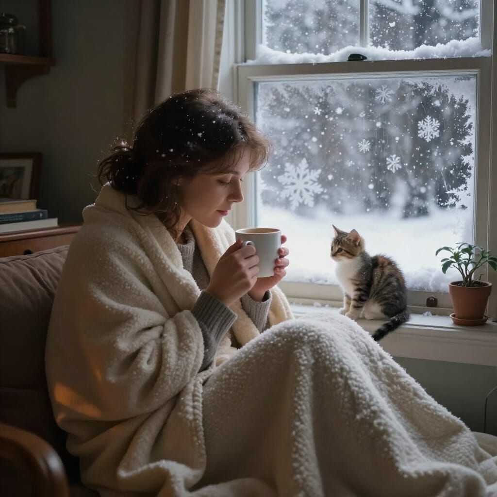Cozy Home Scene: Woman, Kitten, and Blizzard View