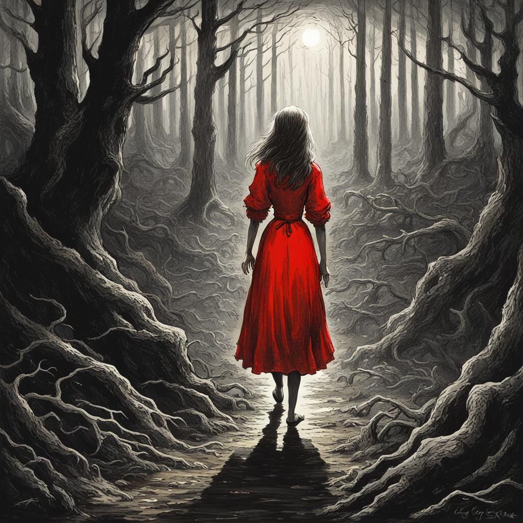 Girl in Red Dress in Dark Forest