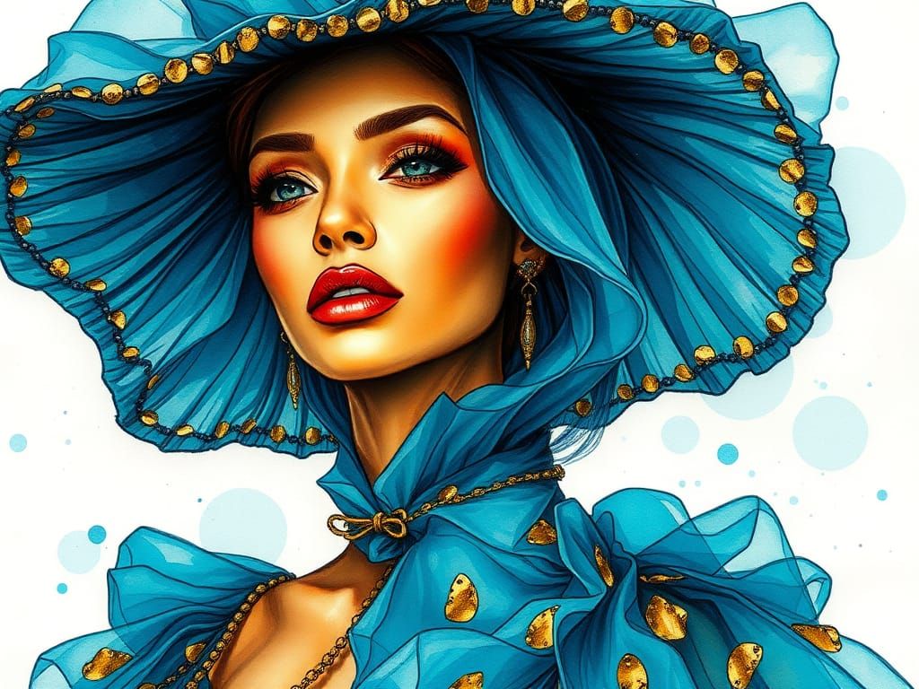 Golden Woman in Whimsical Turquoise Dress, Watercolor Sketch