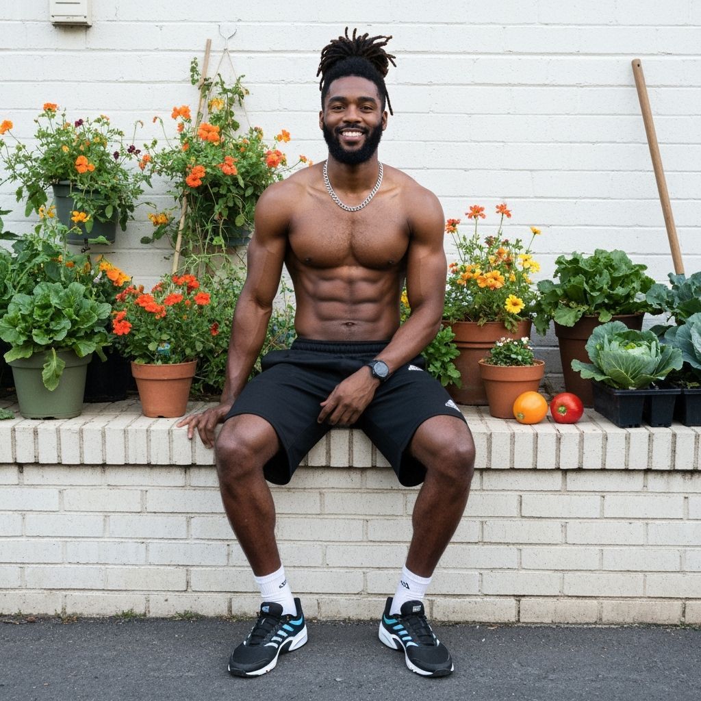 Athletic Man Poses in Urban Garden