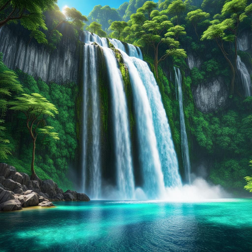 view of an incredibly beautiful paradisiacal waterfall, clea...